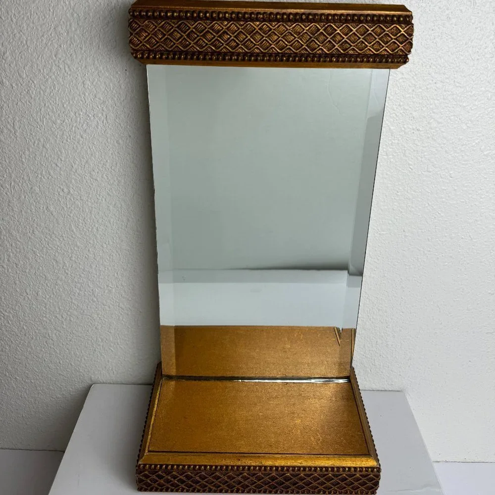 Vintage Gold Leaf Hollywood Mirror w/ Shelf Wood Gold Patina Wall / Table
